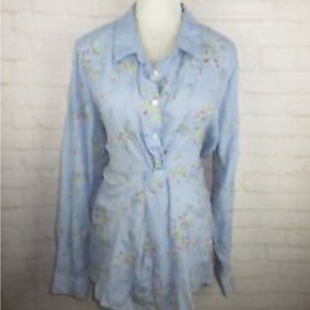 Hope Springs Women’s Blue Floral Print Crinkle Gauze Top Embroidered Size Large